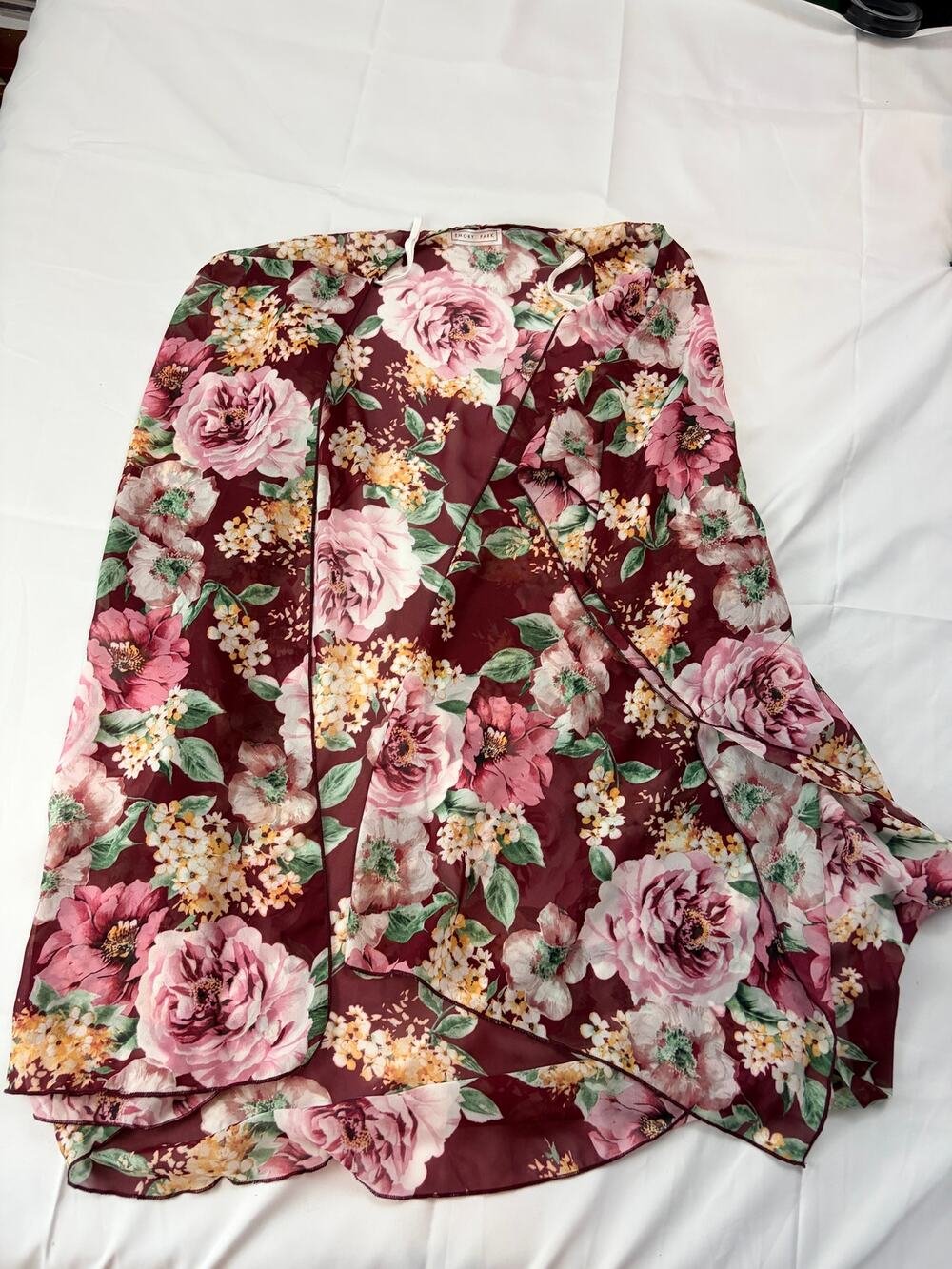 Emory Park Burgundy Floral Kimono Sheer Chiffon Ruffle Sleeve Boho Cover Up OS